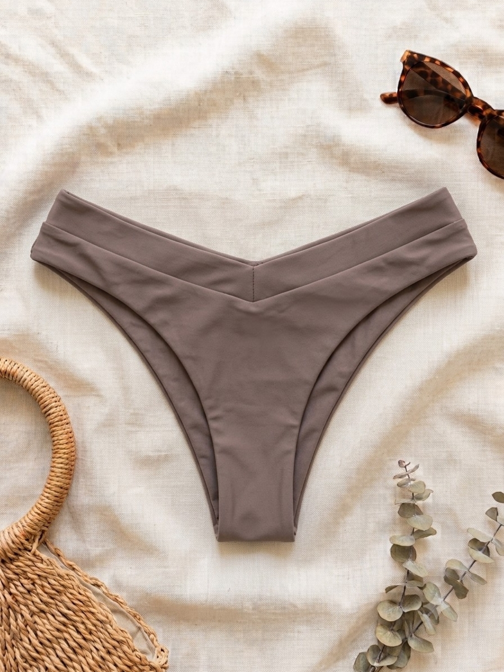 V-Front High-Cut Bikini Bottom in Taupe